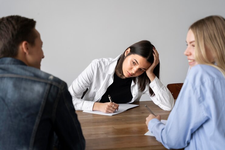 Family lawyer discussing domestic violence issues with a client