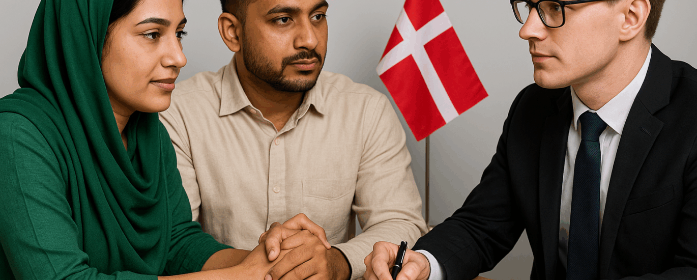 Pakistani couple consulting lawyer for Denmark spouse visa with passport and Danish flag in background