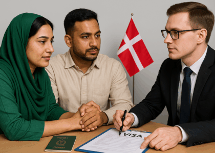 Pakistani couple consulting lawyer for Denmark spouse visa with passport and Danish flag in background