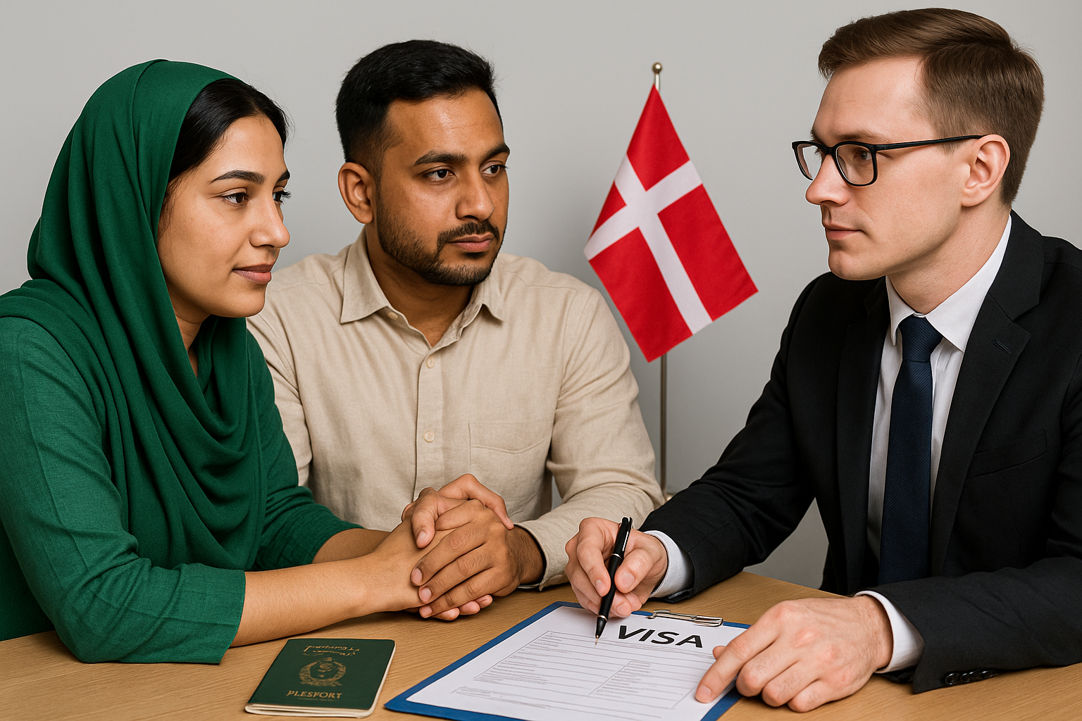 Pakistani couple consulting lawyer for Denmark spouse visa with passport and Danish flag in background
