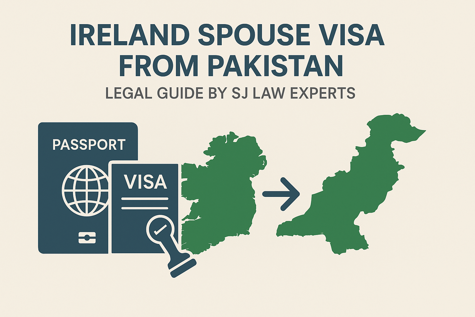 Infographic showing Ireland and Pakistan maps, passport, and visa icons for a legal guide on spouse visa process.